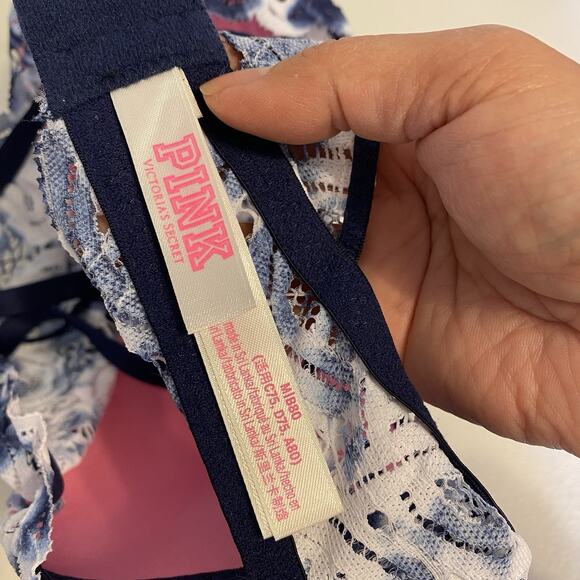 Victoria's Secret PINK Lace High Neck Push-Up Bralette Bra Size M/B80 Blue White - Picture 3 of 8